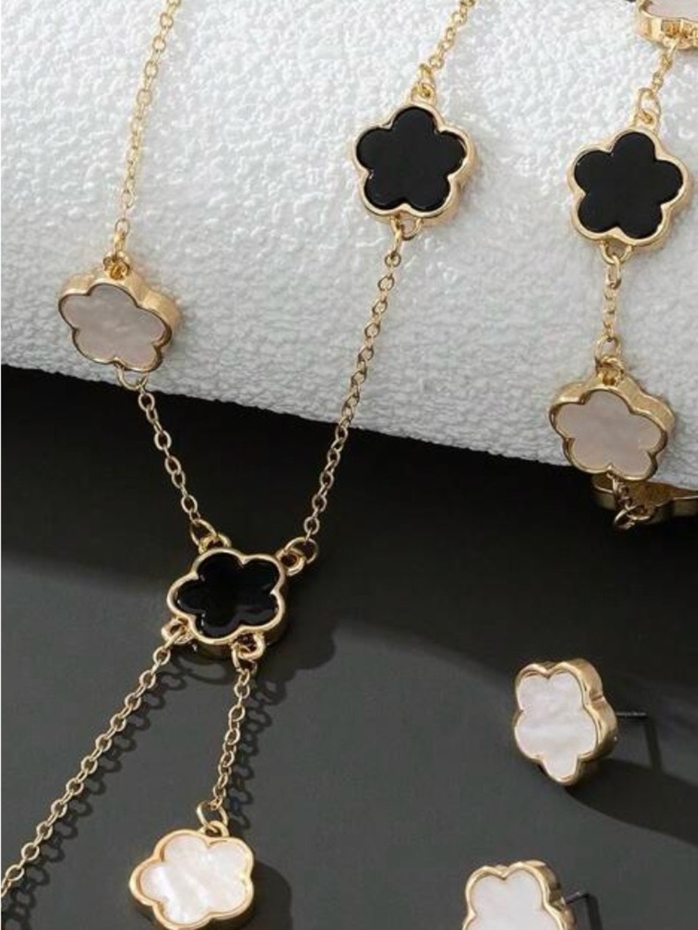 Gold Clover Necklace, Bracelet & Earrings Set - White Inlay - Picture 5 of 8